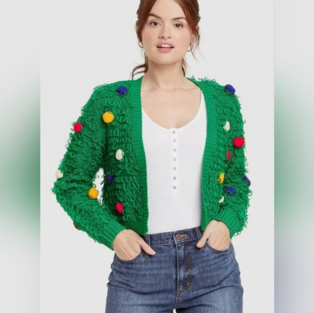 💙Mighty Fine Green Sweater with Colorful Pom Poms☆